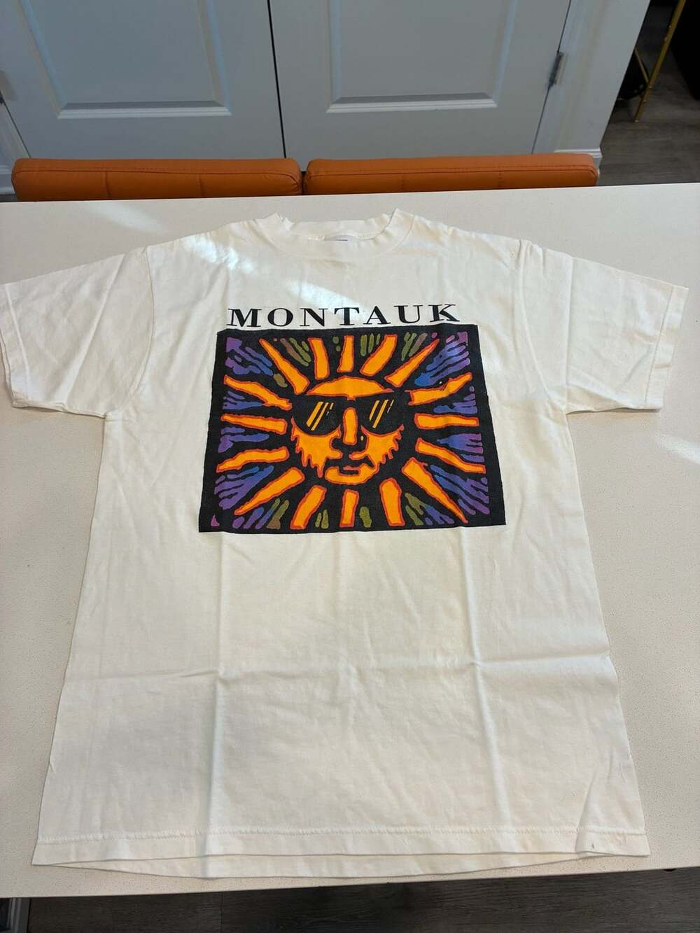Vintage Montauk Sun Graphic T Shirt Large White 90s